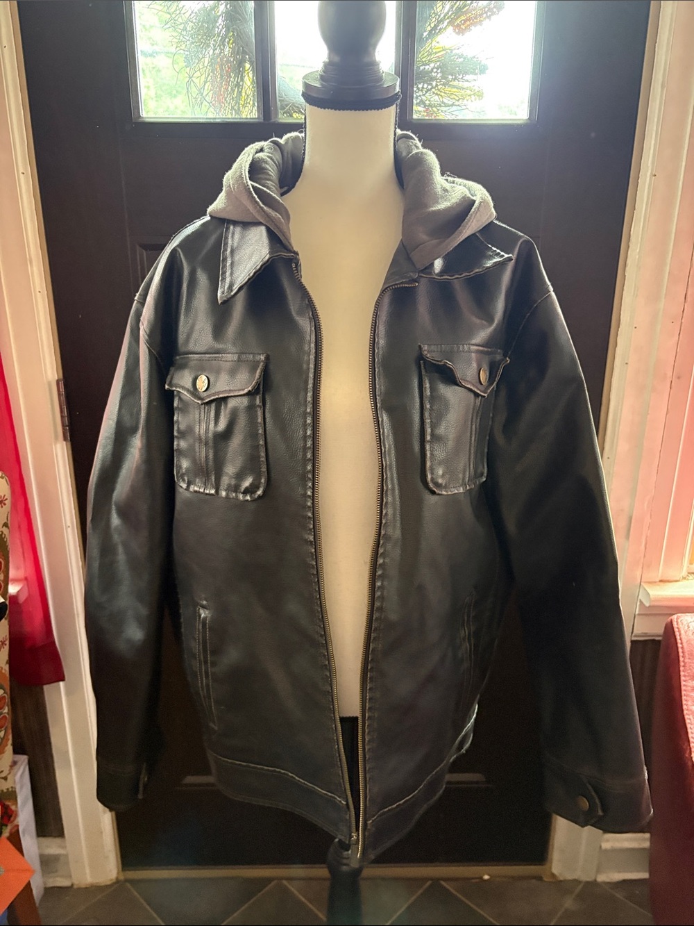 Brave Soul Black Faux Leather Bomber Jacket with Hood